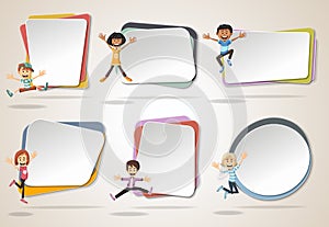 Vector banners / backgrounds with cartoon kids jumping.