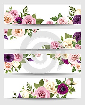 Vector banners with colorful roses, lisianthus and anemone flowers.