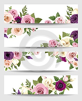 Vector banners with colorful roses, lisianthus and anemone flowers. photo