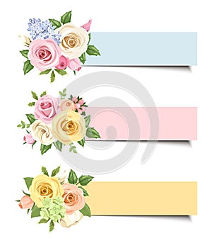 Vector banners with colorful roses and lisianthus flowers.