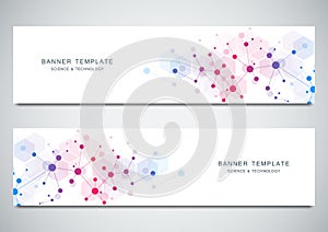 Vector banners design for medicine, science and digital technology. Molecular structure background and communication