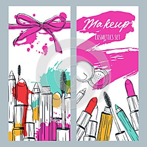 Vector banners with doodle illustration of makeup cosmetics and lipstick smears. Beauty and makeup background.