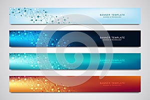 Vector banners and headers for site with DNA strand and molecular structure. Genetic engineering or laboratory research