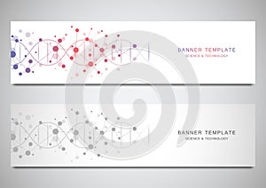 Vector banners and headers for site with DNA strand and molecular structure. Genetic engineering or laboratory research