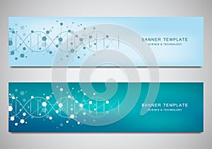Vector banners and headers for site with DNA strand and molecular structure. Genetic engineering or laboratory research