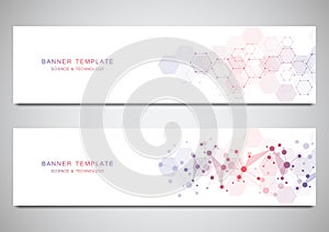 Vector banners and headers for site with molecules background and neural network. Genetic engineering or laboratory