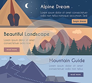 Vector banners illustration set - mountain hiking in the beautiful landscape with mountain guide.