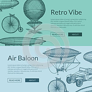 Vector banners illustration with steampunk hand drawn airships