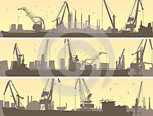 Vector banners of industrial port with cargo crane.