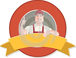 Vector banners and labels backgrounds with cartoon worker character in different actions.