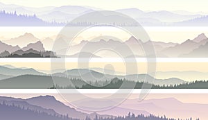 Vector banners of misty forest hills.