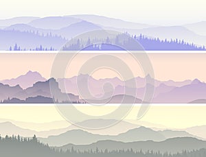 Vector banners of misty forest hills.