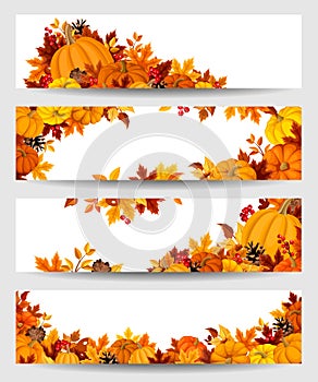 Vector banners with orange pumpkins and autumn leaves.