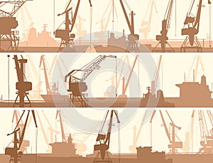 Vector banners of port with cargo crane tower.