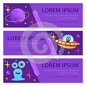 Vector banners and postcards on a space theme. UFO, planet, humanoid, alien, flying saucer. Flat-style illustration for