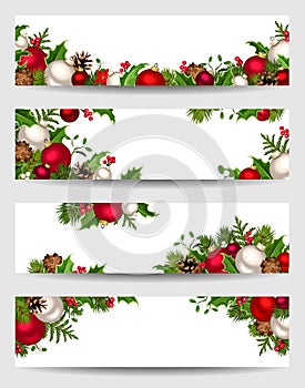 Vector banners with red, white and green Christmas decorations.