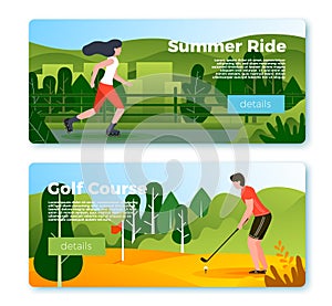 Vector banners - rolling girl and golf playing man