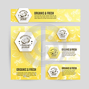 Vector banners set with hand drawn fruits .Fruits