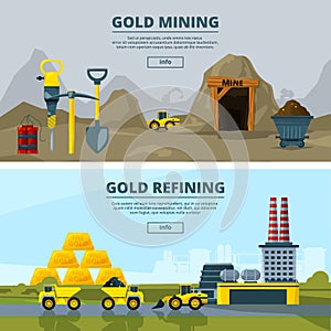 Vector banners set with illustrations of mining industry