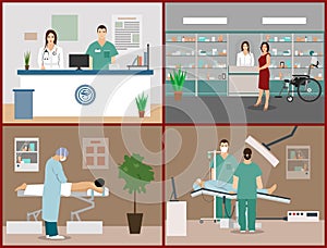 Vector banners set with patients, doctors and hospital interiors. Health care medicine concept. Flat cartoon