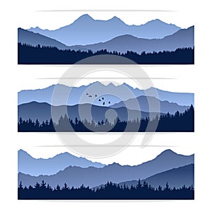 Vector banners with silhouettes of mountains and forest