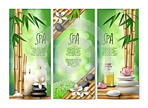 Vector banners for spa treatments with aromatic salt , massage oil, candles.