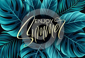 Vector banners with tropical leaves on black background. Exotic botanical design for cosmetics, spa, perfume, beauty