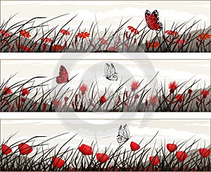 Vector banners with wild flowers and butterflies