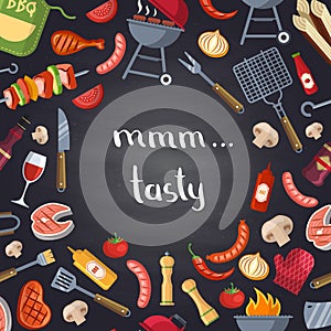 Vector barbecue or grill illustration with cooking elements on chalkboard