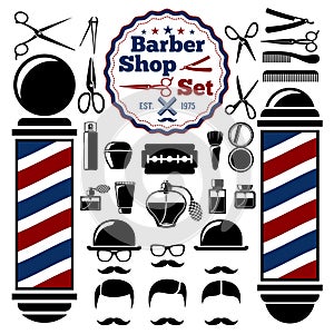 Vector Barber Shop accessories set. With silhouettes of instruments, pole, hairstyles. Vintage style.