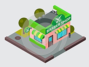 Vector barber shop isometric city street building isolated. Urban business construction property block facade plan