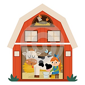 Vector barn icon with girl milking cow inside isolated on white background. Flat farm shed illustration. Cute red woodshed with