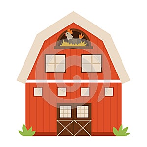 Vector barn icon isolated on white background. Flat farm shed illustration. Cute red woodshed with windows and hen in the nest.