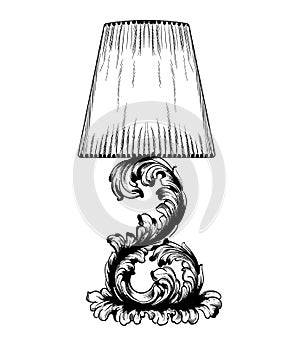 Vector baroque table lamp line art. Classic royal decor ornaments