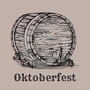 Vector barrel of beer drawn. Beer festival, Oktoberfest vintage background. Hand drawn illustration