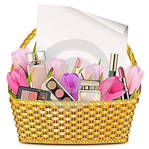 Vector Basket with Tulips and Cosmetics