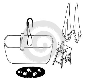 Vector bathroom design elements: bath, stool with bouquet of flowers, towels and mat
