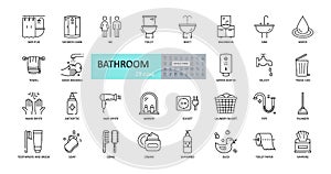 Vector bathroom icons. Editable Stroke. Shower, bath, toilet, bidet, mirror, water tap. Laundry and garbage basket. Cosmetics