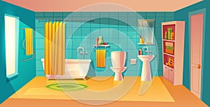 Vector bathroom interior, room with furniture, bathtub