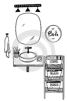 Vector bathroom with sink, mirror, lighting and rack witn clothes