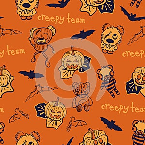 Vector bats, pumpkins, teddies seamless pattern background