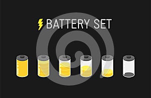 Vector battery illustration. Set of six yellow icons. From full to empty