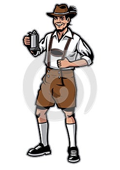 Bavarian man and wearing lederhosen and hold beer mug photo