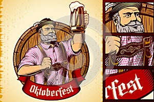 Vector Bavarian Oktoberfest Man Beer Glass Barrel Foam Lager Engraving