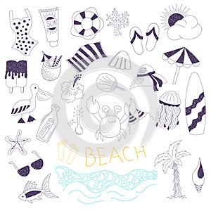 Vector beach themed doodles set