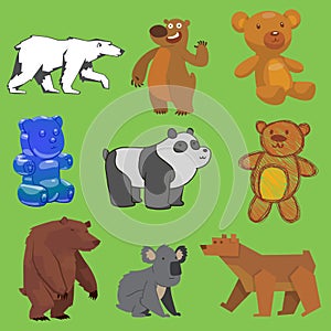 Vector bear set wild animal different style flat, handdraw, cartoon wild angry brown, grizzly, cute panda and polar bear photo