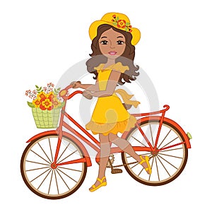 Vector Beautiful African American Girl with Bicycle
