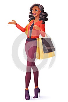 Vector beautiful African woman standing with shopping bags and presenting.