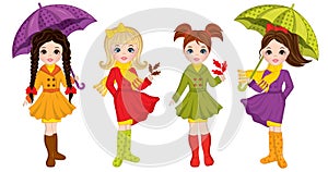 Vector Beautiful Autumn Girls with Umbrellas and Leaves
