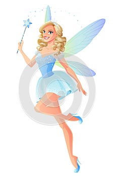 Vector beautiful blue fairy with magic wand and dragonfly wings.